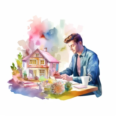 Vector clipart, isolated on white background, beautiful lovely Watercolor Spring, a man in in his mid-30s sitting at an home office desk filled with mortgage papers, a miniature house model on his desk, ornated, pastel and saturated colors