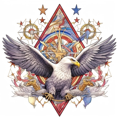 [army soldiers, bald eagles, american flags, patriotic, fantasy, lightning, fire, stained glass, planets, nebulas, stars, mushrooms, roses, biomechanical, occult, sacred geometry] inverted triangle clipart design, lines, lineart, very detailed, hyper detailed, white background, white background
