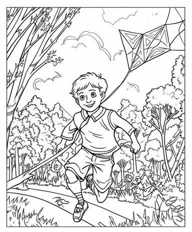a coloring page of drawing of a boy running with a kite in his hand, a storybook illustration, inspired by Harold Sandys Williamson, lyco art, clipart, focus close on detesting eyes, made of lollypops, archie comics, geometry, picking flowers, how to draw, needles, glacier coloring , no colors, pixer, no black shadowy , colouring pages