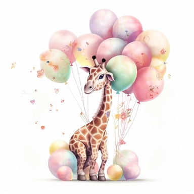 a detailed very colorful vector Clipart image sticker of a beautiful majestic magical floral smilling baby giraffe and pastel pink balloons colors holding balloons with a white background, pastel light colors, fall colours, gold ropes, photorealistic, cinematic, Cinematic, Color Grading, Editorial Photography, Photography, Photoshoot, Shot on 70mm, Ultra-Wide Angle, Depth of Field, DOF, Tilt Blur, Shutter Speed 1/1000, F/22, Gamma, White Balance, Neon, Light, Dark, Light Mode, Dark Mode, High Co