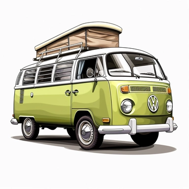in clipart style, A meticulously crafted illustration of a Green 1970 Volkswagen Westfalia Camper with a raised roof highlighting its iconic design and graceful contours, placed against pure white background (style: evoking the accuracy and refinement of classic automobile blueprints) (lighting: deliberate, directional lighting, casting gentle highlights and shadows on the car's structure) (colors: an elegant palette of red for the Volkswagen's body set against a pristine, white backdrop) (compo