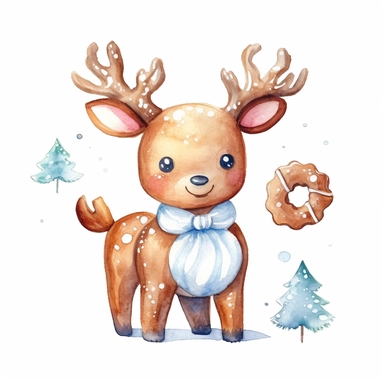 a watercolor nursery gingerbread deer cookie illustration clipart, clean background, white background, isolated on white