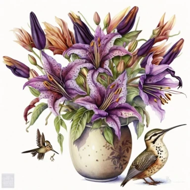 Watercolor realistic detailed purple tiger lily bouquet in stunning vase with hummingbird clipart, white background, no text