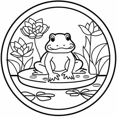 Draw a simple outline of a frog sitting on a lily pad. Use bold lines to make it easy for children to color. The frog should be facing forward with its legs tucked underneath its body. The background should be a pond with water lilies and cattails. Make sure to leave some space for children to color. Kawai style is preferred. Use black ink on a white background to create a clipart image.