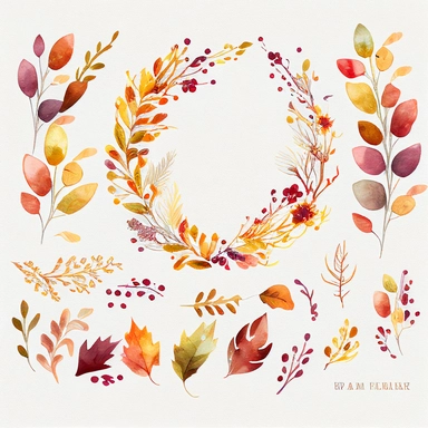 Watercolor Autumn Leaves Berries Clipart Fall Foliage Clip Art Orange Yellow Burgundy Wreath Frame Digital,--v4