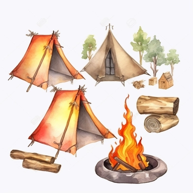 watercolor cartoon camp fires and tents clip art realistic white background