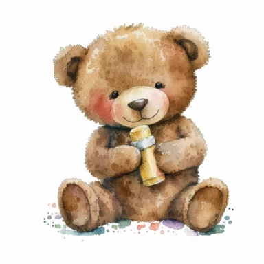 Watercolor brown fluffy jointed plain Teddy Bear with a pacifier, clipart, happy, white background, no captions or text