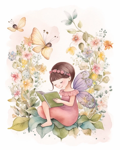 very simple watercolour childrens book style drawing of a cute fairy reading a book surrounded by flowers, pastel colours soft on white background for clipart, 8k