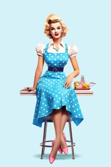 full body shot of a posing housewife against white background, in the style of vintage-inspired pin-ups, realistic figures, polka dot madness, neon indigo and blue, against qhite background clipart png