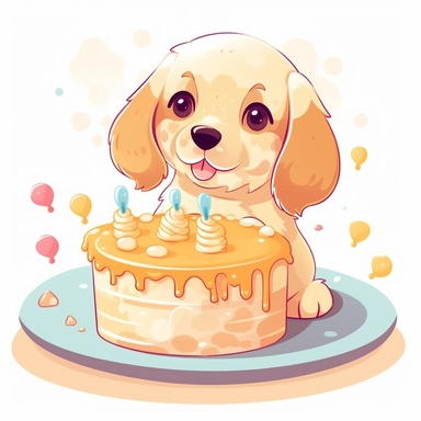 clipart of a cute golden retriever puppy presenting a birthday cake, kawaii style illustration, white background