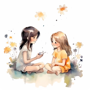 Two cute girls sitting together and having a conversation about their dreams and aspirations, flowers, inspiring each other to pursue their goals and set a positive example for others, clear white background, self love, self confidence, watercolor, simply drawn for children book, handrawn watercolor graphic clipart, 16k