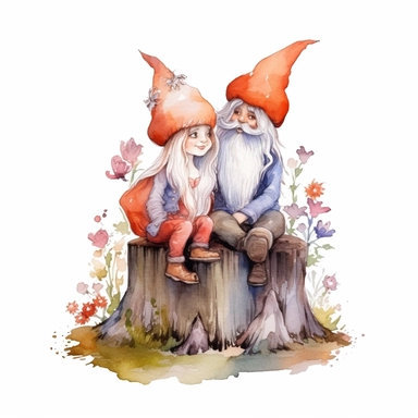 Watercolor magical gnome couple sitting on a stump, watercolor clipart on white background, vivid colors, enchanting scene clipart on a white background in the style of feminine sticker art, Tanya Shatseva, storybook illustration, red, white and caramel tones, Georgia O'Keeffe, colored line art, colored outlines, cottagecore design, watercolor on white background, crisp tones, sticker outline, colored line art, colored outlines, iridescent ombre, gradient shading, pure tone, vibrant digital art 