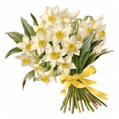 botanical clipart, full jonquil flower bouquet ruban wrap, isolated on white background, Margaret Mee, Pierre-Joseph Redouté, Sydney Parkinson, 8k