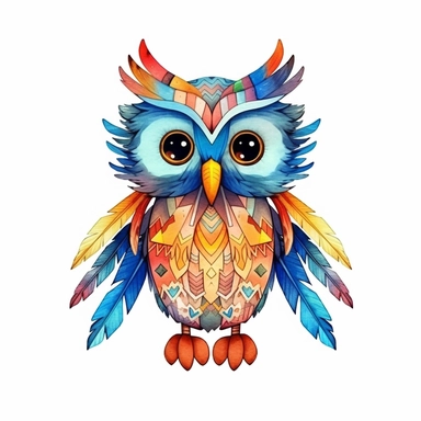 A super-cute tribal owl, watercolor illustration, Perfect for nursery art and children's book illustration style, simple, clipart, single object, white background for removing background