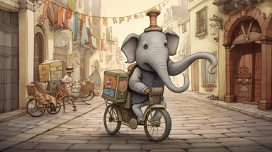 A whimsical chibi-style illustration showing a dapper elephant, trunk swinging in rhythm as he rides an antiquated, large-wheel bicycle. The tuba he carries lets out melodious notes, adding to the jubilant ambiance. The backdrop, a cheerful vintage townscape with cobblestone streets and quaint houses, adds to the storybook charm. Created digitally with a Wacom Cintiq Pro using Clip Studio Paint, utilizing watercolor and pencil brushes for a warm, hand-drawn look
