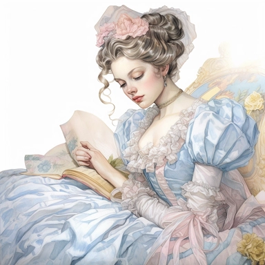 vintage style Detailed light and shadow, 2D outline, A beautifully patterned neo rococo Victorian baroque hyper realistic puffy-sleeved bow-adorned woman in 18th-centrury white gown in varying hues of pale pink, blue and yellow, stunningly beautiful, refined and sophisticated, Hand drawn, cicely mary barker ,realistic watercolor, Clipart, emotionally pleasing watercolor, i can't believe how beatiful this is,accurate detailed line art, white background, intricate detail, clean line art, saturated