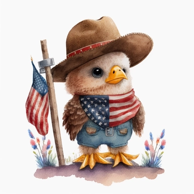 a happy pixar style super cute colourful warm brown American baby bald eagle stuffed cuddly toy wearing a cow boy hat an cow boy boots watercolor. Eagle holding a flagpole with USA American flag grain brush clipart pure white background
