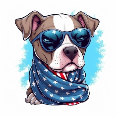 Super cute, American flag with pitbull scarf and sunglasses Sublimation Clipart, Cartoon funny, Cute anime, Very detailed, firework blue background