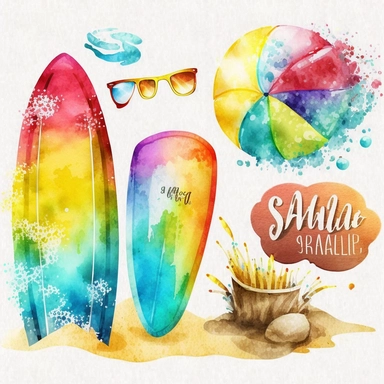 watercolor clipart, summer clipart, surfboards, beachballs, sandcastle