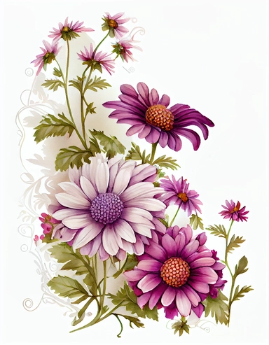 detailed watercolor mulberry purple daisy corner border , isolated on white background, realistic, clipart