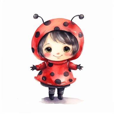 cute ladybug girl costume, watercolor, clipart, by Becky Down