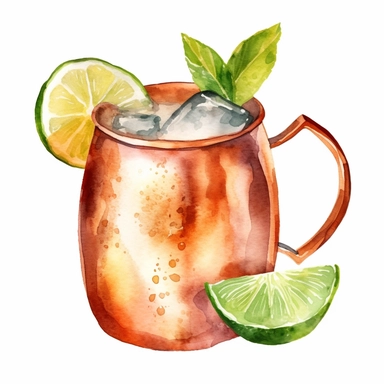 Moscow Mule: A zesty combination of vodka, ginger beer, and lime juice served in a copper mug. watercolor, clipart