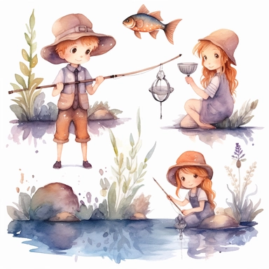 Watercolor boho fishing near a beautiful stream, illustrations clipart set, simple, soft colors, cartoon elements, different variants, cute little boy and girl fishing, separate elements with a margin