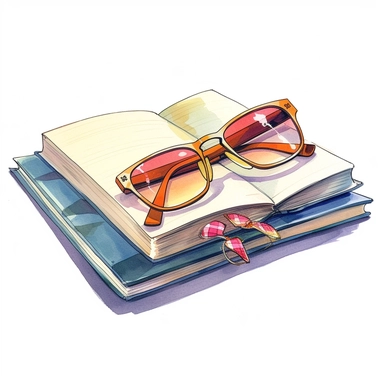 watercolor, hyper realistic, white background, white margins, 16k, ultra detailed clipart, cut out image, hand-drawn, whimsical manhwa style, ultra HD, sharp and clean art a pair of sunglasses resting on a book or magazine, representing relaxation and enjoying lazy summer days. Bright and vibrant colors that evoke the energy and warmth of summer, such as a combination of coral, turquoise, and yellow