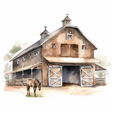 one watercolor clipart of horse barn on a white background, in the style of high quality photo, chalk, subtle details, rustic charm, die brücke, uhd image, arts & crafts, no watermark, text, 300 DPI , typography, shapes do not stick together, no text in the picture, on a white background