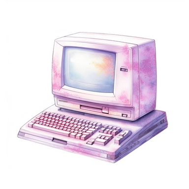 a pink desktop computer from 1990s, in the style of watercolor clipart on plain white background, high definition, 8k, intricate brush details, ink effect