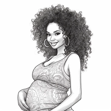 coloring page . Beautiful black woman .pregnant baby bump showing , beautiful, clipart, school background, detailed, happy, glamorous