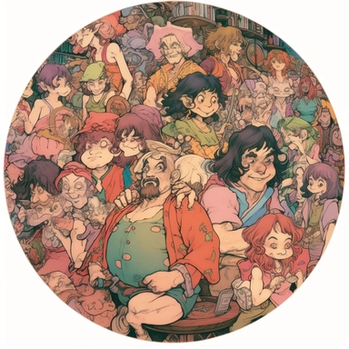 Josh Kirby's drawing depicting a crowd of cheerful onsen festival party-goers in swimsuits and yukata, European African Persian Orc Dwarf Elf, Josh Kirby Mad Max Lord of the Rings, handpainted enamel punk zine indie retrowave, clipart illustration full body character art, circular solid background, circular border