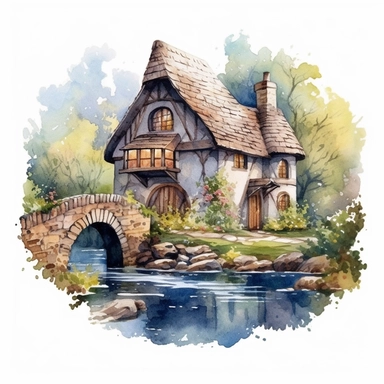 An enchanting watercolor clipart illustration of a picturesque medieval cottage perched near a meandering river, embraced by a tranquil countryside. The cottage boasts weathered stone walls, a thatched roof adorned with climbing vines, and a meticulously crafted waterwheel gracefully spinning by the riverside. The calming river reflects the surrounding nature, with delicate ripples and vibrant aquatic life. Against a clean white background, the watercolor medium enhances the cottage's rustic cha