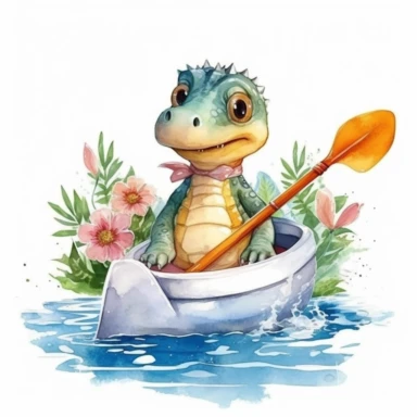 a cute dinosaur sitting in Kayak clipart,summer concept,watercolor illustration, high definition, white background for removing background- - no text shadow font watermark