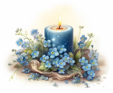 illustration watercolor art of cute beautiful forget-me-nots candles, provence, meadow, many small and colorful particles, shabby shic style, masterpiece by Jean-Baptiste Monge style and by Ivan Fedorovich Choultse style and Hans Zatzka style and Vladimir Kush style, rococo style, PNG clipart, isolated on white, extreme photorealistic details, 32k HD resolution, realistic high detailization high resolution