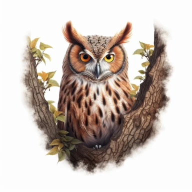 owl in the tree clipart, full body, white background, ultra realistic, high resolution, 4k, digital illustration