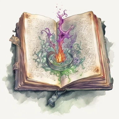 An antique-inspired clipart design of an old magic book, featuring intricate details, worn edges, and a mystical aura, perfect for adding a touch of enchantment to your designs, watercolor