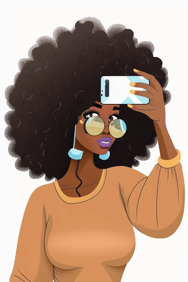 thick body black woman afro curly hair holding a phone taking a selfie, curly bang covers her eyes, no facial features, no face, illustration style, flat design, procreate, clipart