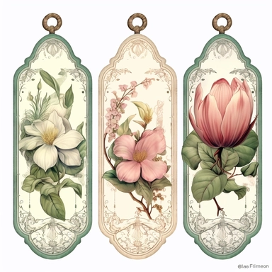 victorian number tags, clipart, isolated, with boquet of magnolia flower and delicate vines