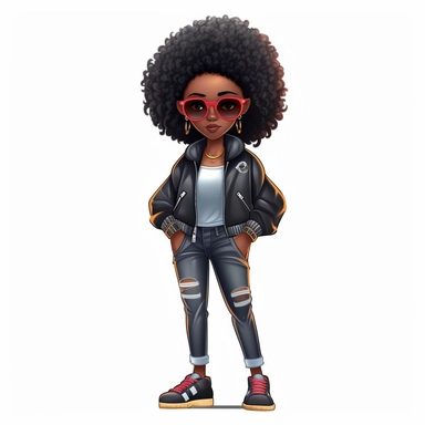Generate a stylish cartoon clipart of a black girl with a trendy afro hairstyle, wearing oversized sunglasses, a leather jacket, ripped jeans, and fashionable sneakers. Make the background transparent for easy integration into various designs.