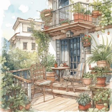watercolor, hyper realistic, white background, white margins, 16k, ultra detailed clipart, cut out image, hand-drawn, whimsical manhwa style, ultra HD, sharp and clean art A cozy balcony with a small wooden table and chairs, surrounded by potted plants and blooming flowers, overlooking a garden.