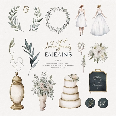 Elegant Wedding Icons , Wedding Clipart, Vintage Wedding Watercolor Clipart, Hand drawn wedding day icons, vector bundle, clean, simple, white background and no text