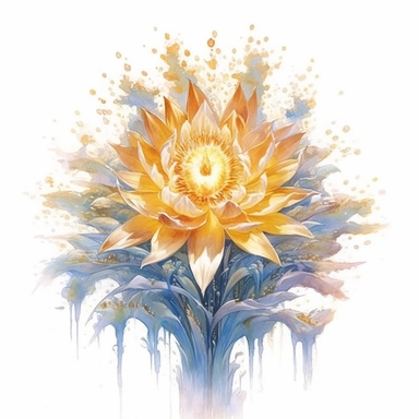 PIERCING snow lotus banana oak tree, oak white fire BLUE flame, light, golden sun, mighty flowers, pristine, sparkling, white flame, fire light mega epic flowers of epicness, cool and spiky, owning everything, floral art, no background, beautiful, no text, clipart, watercolor