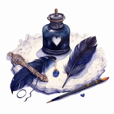 watercolor, hyper realistic, white background, white margins, 16k, ultra detailed clipart, cut out image, hand-drawn, whimsical manhwa style, ultra HD, sharp and clean art A quill pen and inkwell sitting on a velvet cushion, with a romantic old-fashioned love letter partially written, on a background of deep midnight blue.