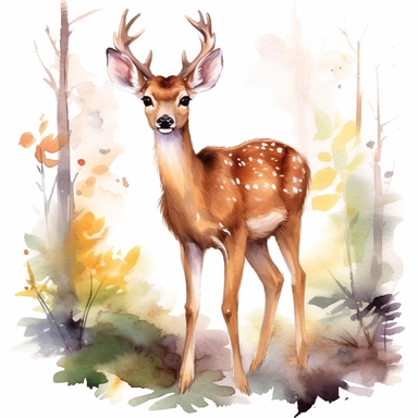 Watercolour cute realistic deer in the wood, woodland animal, ultra detailed ultra photoreal intricate detailed beautiful magnificent deer with perfect beautiful realistic eyes and intricate facial features four perfect legs and paws realistic detailed, png image, high definition, 300dpi, graphic clipart, computer graphics