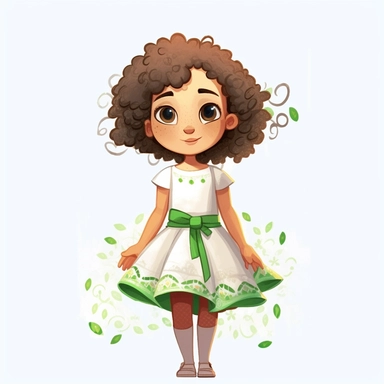 4 year old cartoon Pretty girl, cute cartoon white skin girl with medium lenght curly hair and brown eyes, wearing a white dress patterned with little color flowers and a green belt, smiling with her arms crossed. Pixar childrens book cartoon style, detailed, modern, urban, watercolor, full color, flat color, white background, children book illustration. Watercolor clipart. Pixar animation