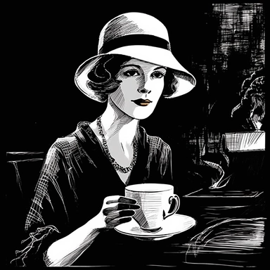 sketch clipart of 20s poster lady enjoying coffee, hd, white on black background, spaced out,--ar 3:2