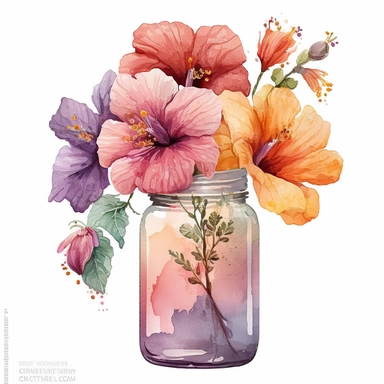 [4514138539] Watercolor clipart. A captivating watercolor illustration capturing the allure of a hibiscus bouquet, the flowers painted in shades of scarlet, lavender, and apricot, arranged gracefully in a transparent jar.. White background. No text. No caption. No logo