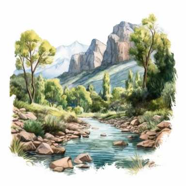 professional gouache hand-painted illustration of Mountain River in the middle surround by trees, spring, Landscape clipart, hiking, nature, camping, white background, natural form, very detailed, deep colour, 8k