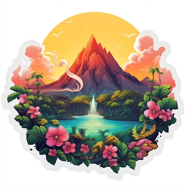 volcano erupting, close up, a sticker, artwork of t shirt graphic of majestic forest, in digital painting style , beautiful flowers, sunset mountains and clouds , big vines, stone temple covered in vines, white background, colorful fantasy flower surround, highly detailed clean, vector image, photorealistic masterpiece, professional photography, realistic, flat white background, isometric, vibrant vector, clipart, illustration, realism, 4k, , cinematic, front view, white background, paradise, ex
